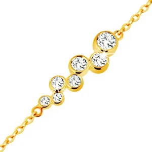 14K gold bracelet - round clear zircons in mounts, glossy chain