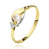 14K gold diamond ring, two-colour waves, clear brilliant and white pearl
