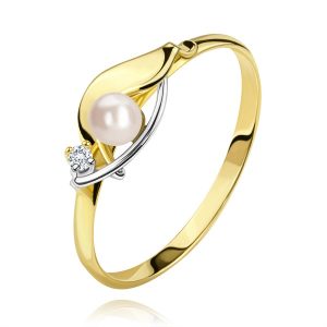 14K gold diamond ring, two-colour waves, clear brilliant and white pearl