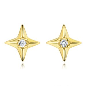 14K gold earrings four-pointed star with zircon