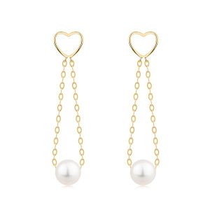 14K gold earrings heart with freshwater pearl on chain