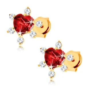 14K gold earrings heart with garnet and clear zircons