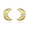 14K gold earrings moon-shaped with clear zircon