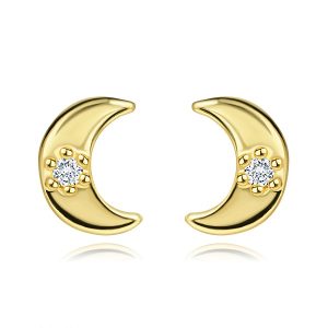 14K gold earrings moon-shaped with clear zircon