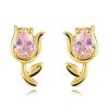14K gold earrings tulip motif with pink zircon