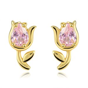 14K gold earrings tulip motif with pink zircon