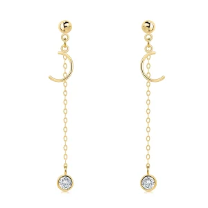 14K gold earrings with crescent and zircon on chain