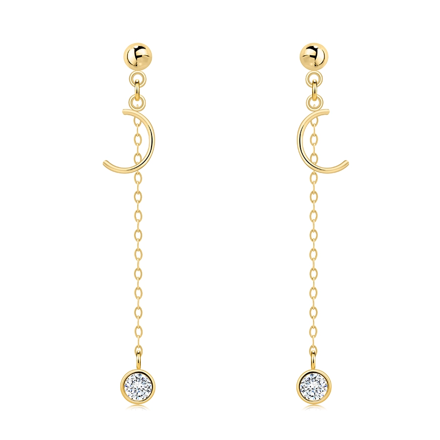 14K gold earrings with crescent and zircon on chain