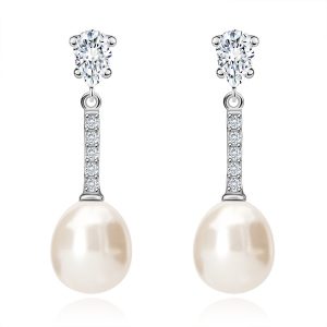 14K gold earrings with cultured pearl and teardrop zircon