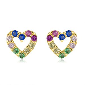 14K gold heart-shaped earrings with coloured zircons