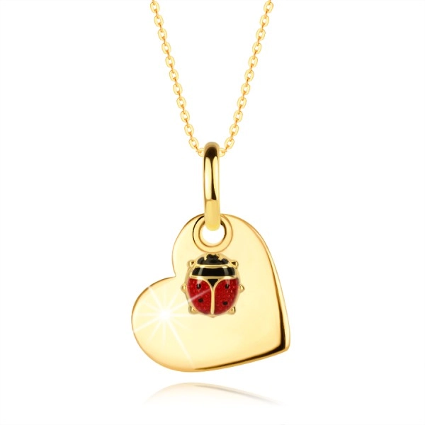 14K Gold necklace – a flat heart, a tiny ladybird with red wings