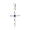 14K White gold pendant – cross paved with clear zircons, round natural sapphire -30% EXTRA