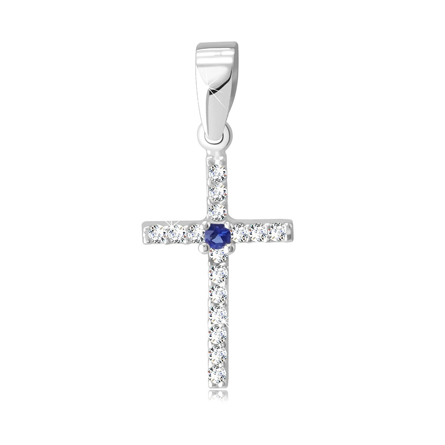 14K White gold pendant – cross paved with clear zircons, round natural sapphire -30% EXTRA
