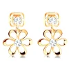 14K yellow gold diamond earrings - flower with rounded petals, clear brilliants