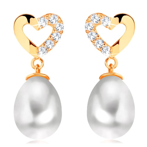 14K yellow gold diamond earrings - heart contour with brilliants, oval pearl -35% EXTRA
