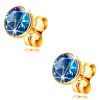 14K yellow gold earrings - blue circular zircon in a mount, 5 mm
