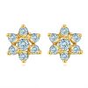 14K yellow gold earrings - flower, light blue synthetic aquamarines