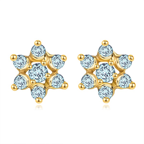 14K yellow gold earrings - flower, light blue synthetic aquamarines