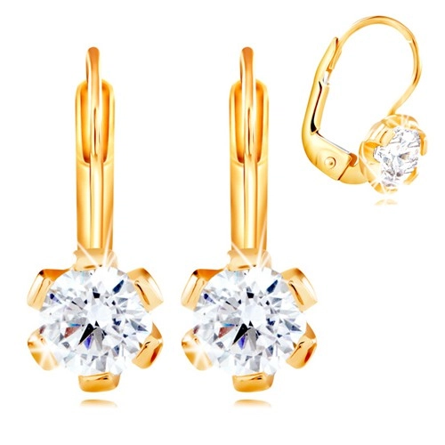 14K yellow gold earrings - flower with clear zircon in the middle, 5 mm
