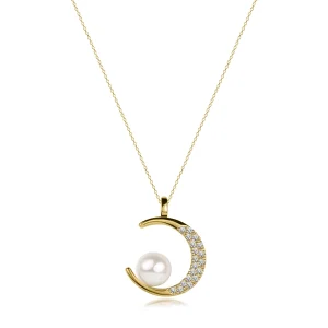 14K yellow gold necklace - moon, freshwater pearl, clear zircons