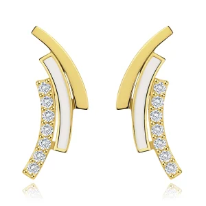 375 gold earrings, three arcs - zircon, white and smooth, studs