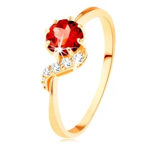 375 gold ring - round garnet in red colour, sparkly wave