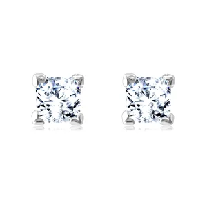 375 Golden earrings – white gold, glittery square-shaped zircon in a mount, studs, 4 mm