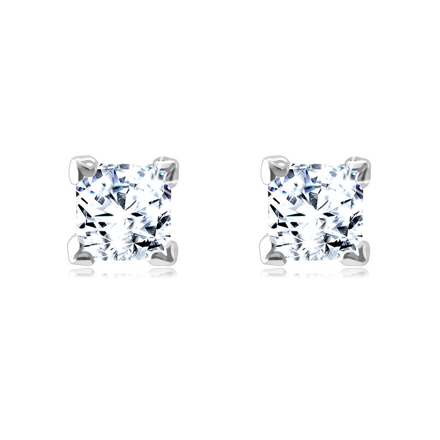 375 Golden earrings – white gold, glittery square-shaped zircon in a mount, studs, 4 mm