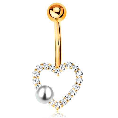 585 gold bellybutton piercing - banana with ball, zircon contour of heart, pearl
