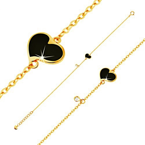 585 gold bracelet - black asymmetric heart and clear zircon, narrow chain, 180 mm