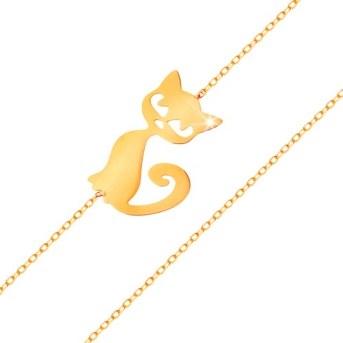 585 gold bracelet - fine lustrous chain, flat pendant - cat