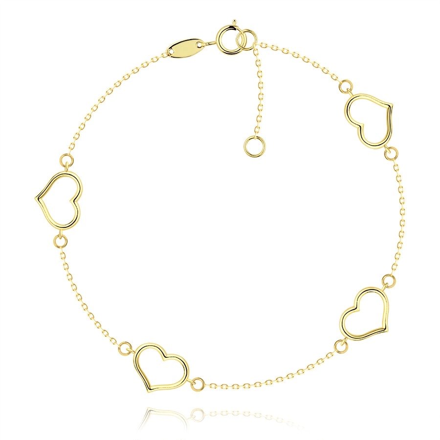 585 Gold bracelet in yellow design - shiny heart outlines, thin chain