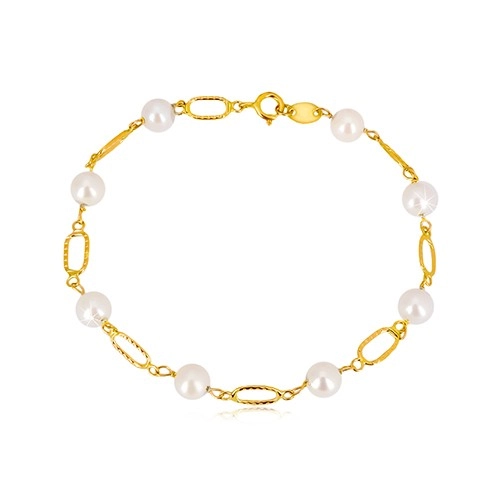 585 gold bracelet - white rounded pearls, oval rings with notches