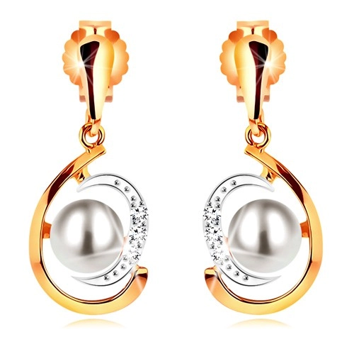 585 gold earrings, bicoloured asymmetric teardrop, white pearl, zircons