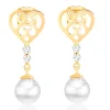 585 gold earrings - heart with carved ornaments, brilliants and pearl