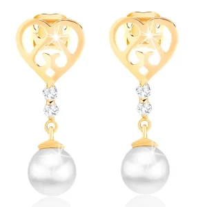 585 gold earrings - heart with carved ornaments, brilliants and pearl
