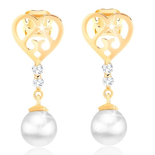 585 gold earrings - heart with carved ornaments, brilliants and pearl