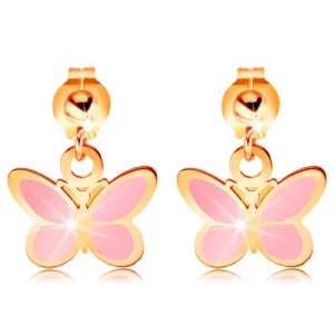 585 gold earrings - shiny ball and dangling pink butterfly, glaze