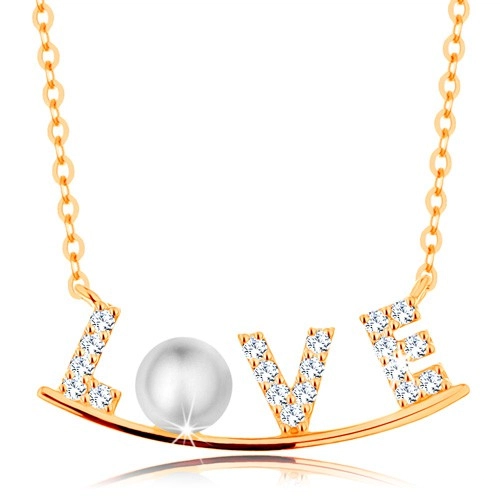 585 gold necklace - zircon inscription LOVE on shiny arc, white pearl