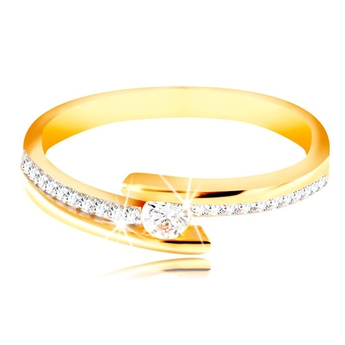 585 gold ring - split shoulders with combination of white gold, protruding circular zircon in clear color