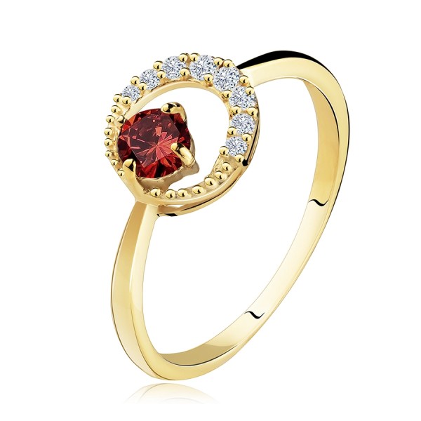 585 gold ring - zircon crescent, round red garnet