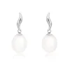 585 white gold earrings - glossy wave, oval pearl of white colour, studs
