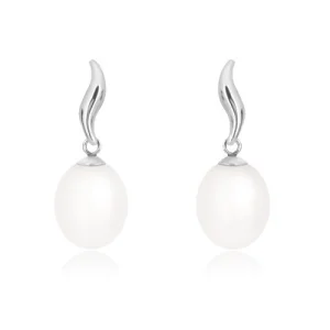 585 white gold earrings - glossy wave, oval pearl of white colour, studs