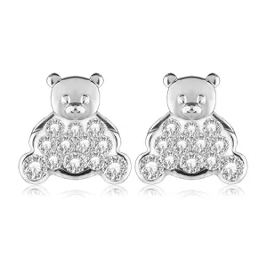 585 White gold stud earrings – a teddy bear with a zircon body