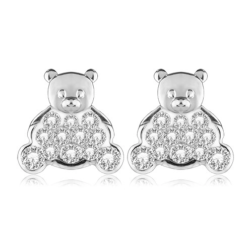 585 White gold stud earrings – a teddy bear with a zircon body