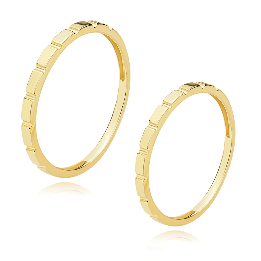 14K yellow gold bands - transverse diamond pattern, grooved edges