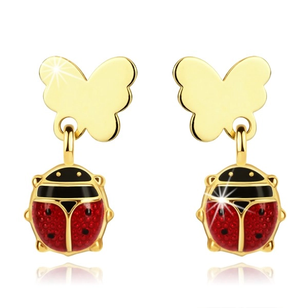 585 Yellow gold earrings – flat butterfly, tiny ladybird with red wings