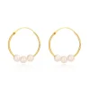 585 yellow gold earrings - narrow circles with glossy surface, three white pearls