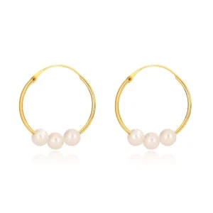 585 yellow gold earrings - narrow circles with glossy surface, three white pearls