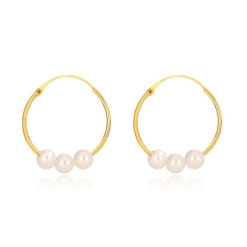 585 yellow gold earrings - narrow circles with glossy surface, three white pearls